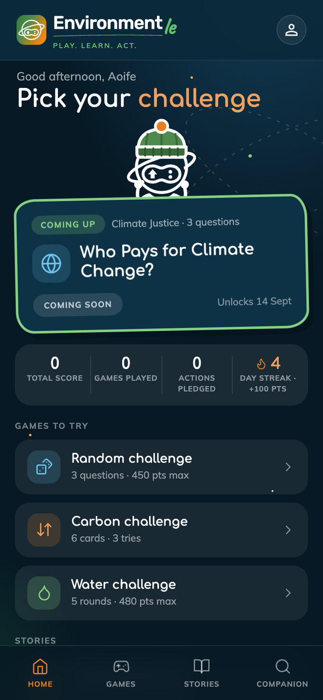 The Environmentle home screen with today's challenge